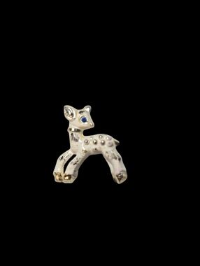 Vintage Antique Cream Colored Reindeer With Blue Rhinestone Eye Brooch Pin READ